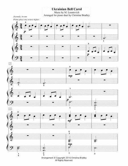 Ukrainian Bell Carol, Piano Duet By Mylola Leontovych Free Sheet Music