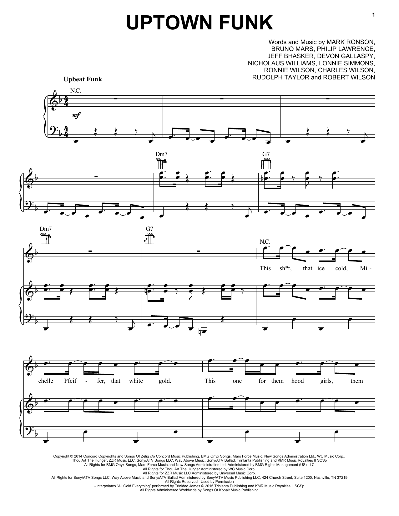 Uptown Funk By Bruno Mars Free Sheet Music