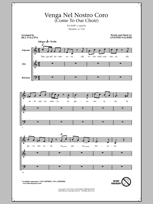 Venga Nel Nostro Coro By Antonio Salieri Free Sheet Music