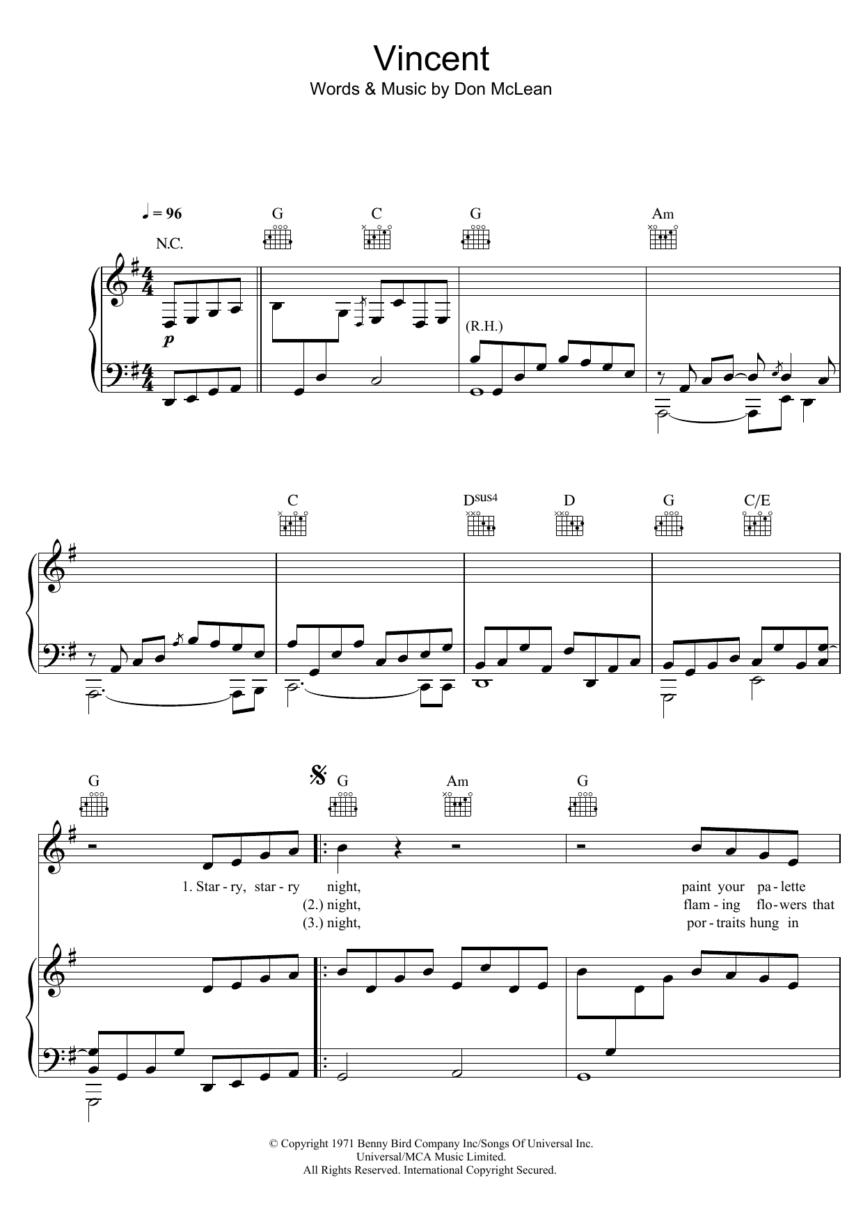 Vincent (starry Starry Night) By Don McLean Free Sheet Music