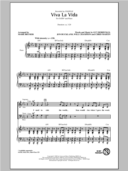 Viva La Vida (arr. Mark Brymer) By Coldplay Free Sheet Music