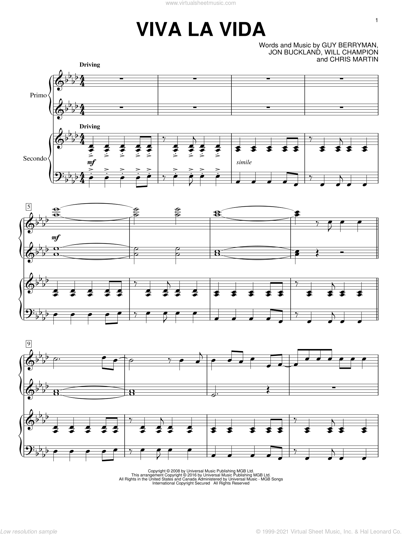 Viva La Vida By Coldplay Free Sheet Music