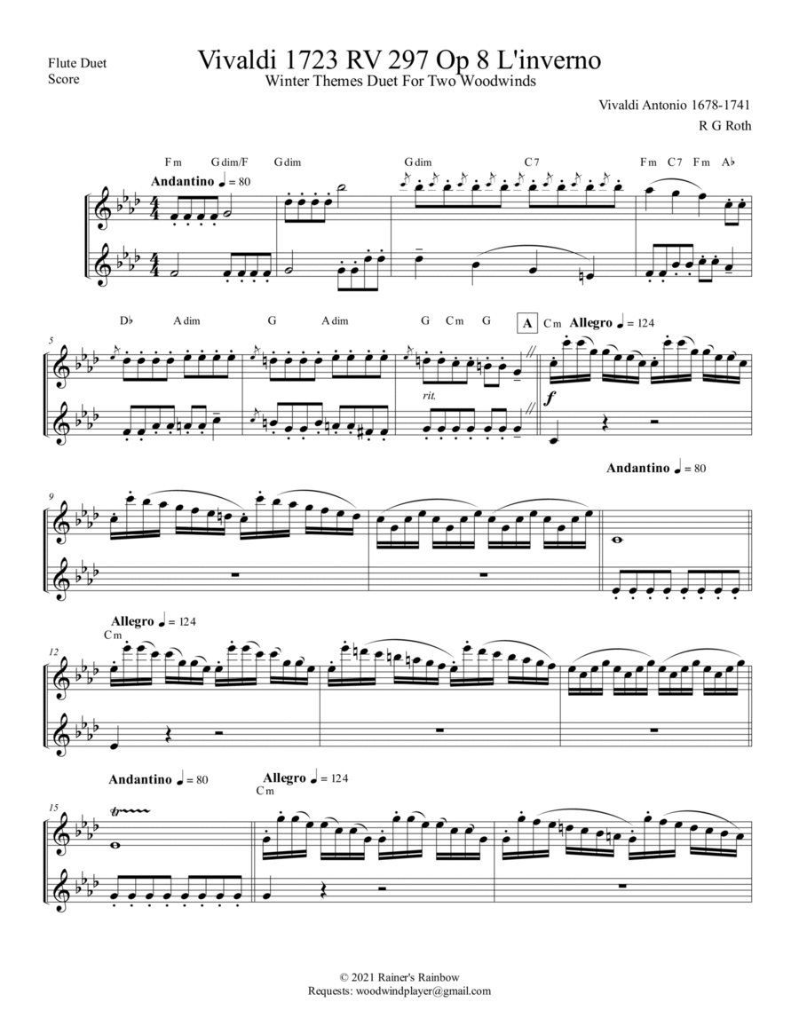 Vivaldi RV 297 Op 8 Winter Themes From The Four Seasons Duet For 2 Clarinets By Rainer's Rainbow Free Sheet Music