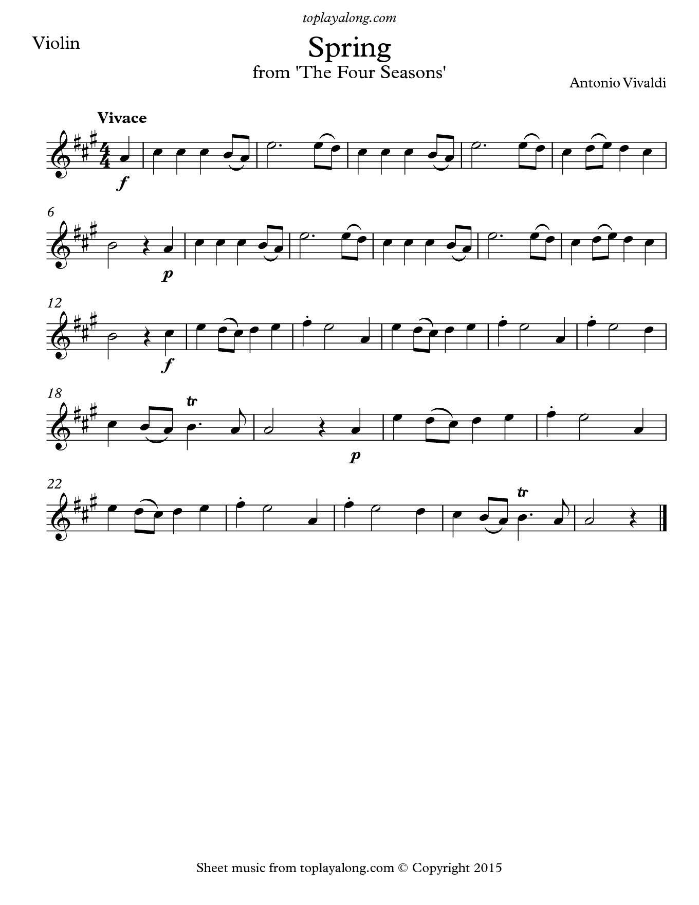 Vivaldi Spring Easy Violin By Antonio Vivaldi Free Sheet Music