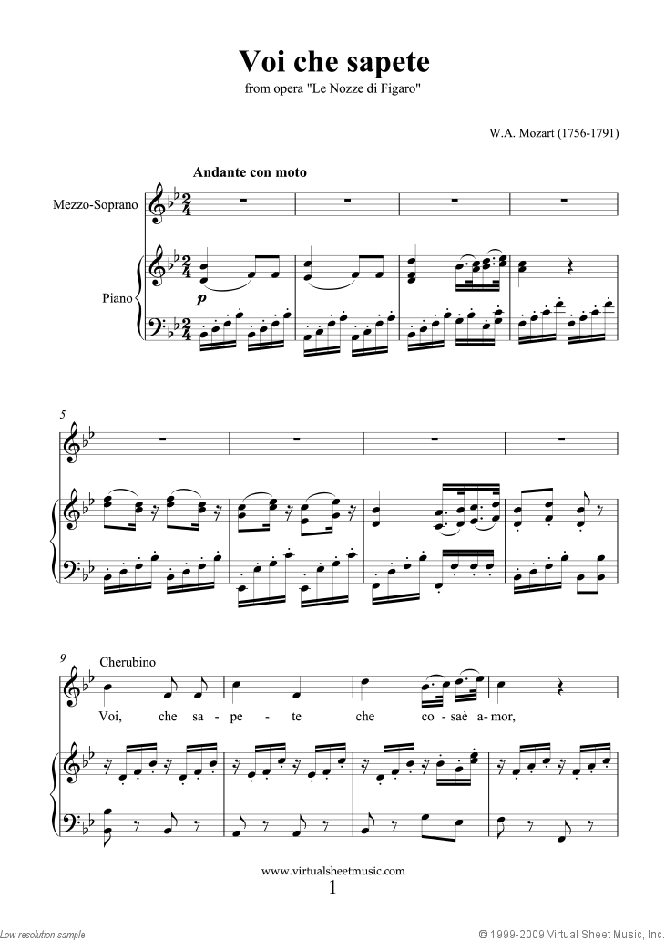 Voi Che Sapete By Wolfgang Amadeus Mozart Free Sheet Music