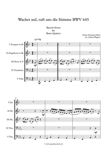 Wachet Auf, Ruft Uns Die Stimme BWV 645 (Brass Quintet) Arr. Adrian Wagner By Johann Sebastian Bach Free Sheet Music