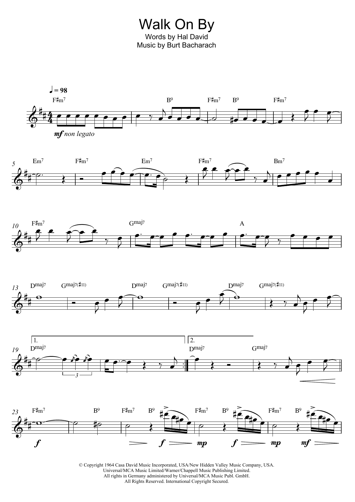 Walk On By By Bacharach & David Free Sheet Music