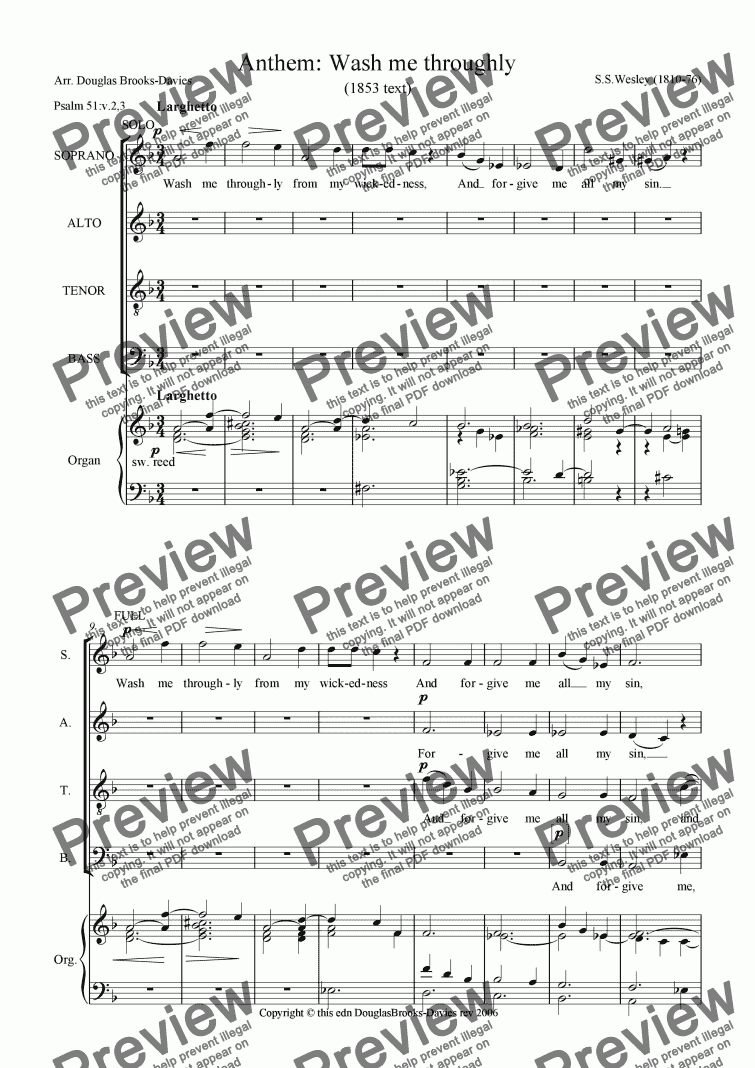 WASH ME THROUGHLY - Wesley - For SATB Choir And Organ By Renato Tagliabue Free Sheet Music