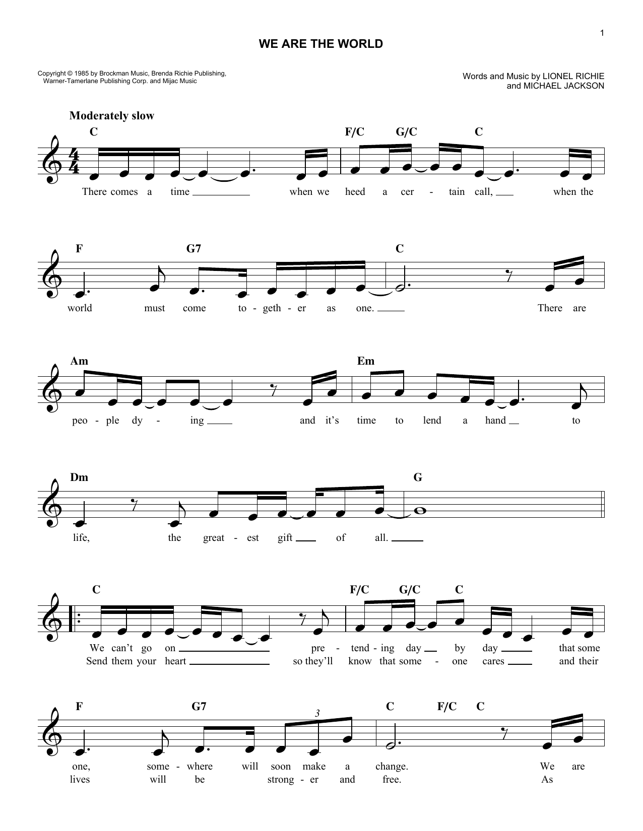 We Are The World By Michael Jackson Free Sheet Music