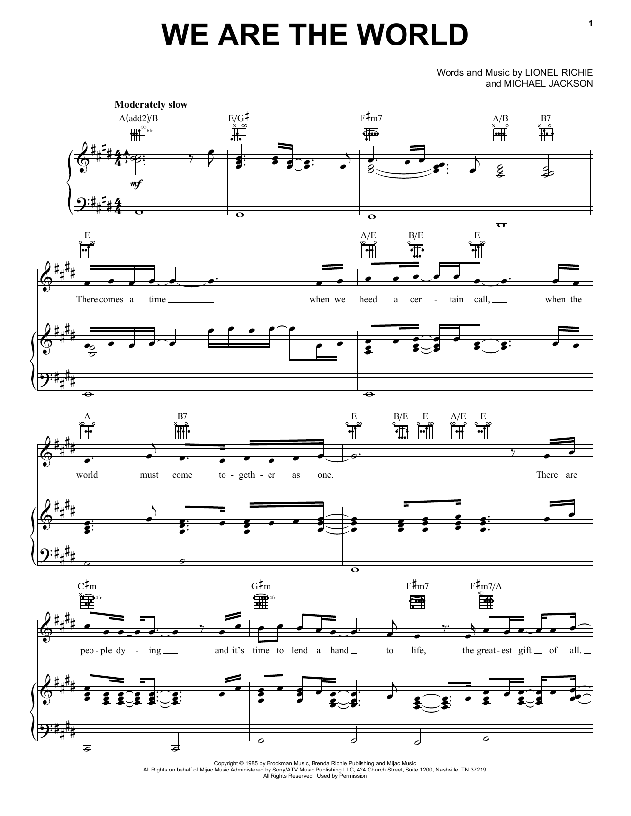 We Are The World By USA For Africa Free Sheet Music