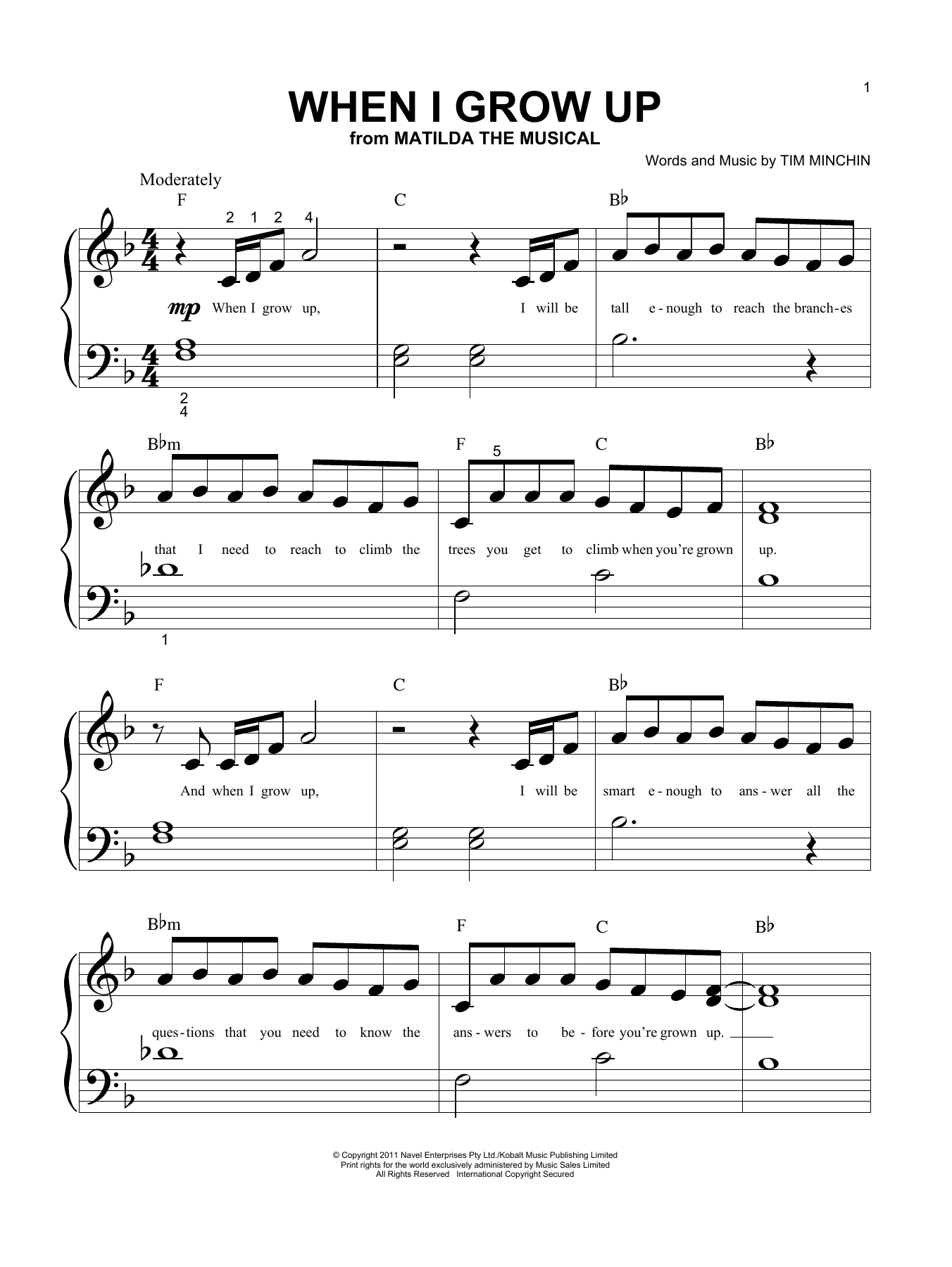 When I Grow Up (From 'Matilda The Musical') By Tim Minchin Free Sheet Music