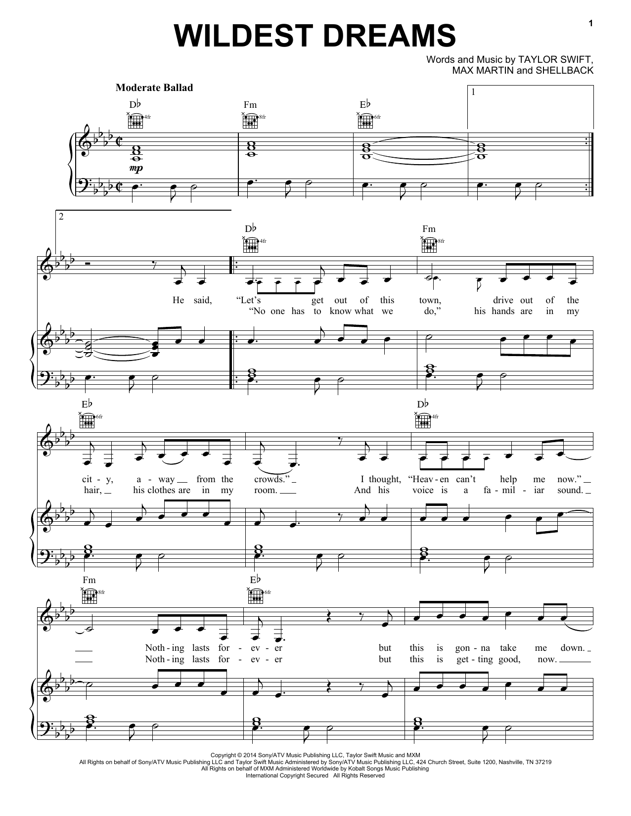 Wildest Dreams By Taylor Swift Free Sheet Music