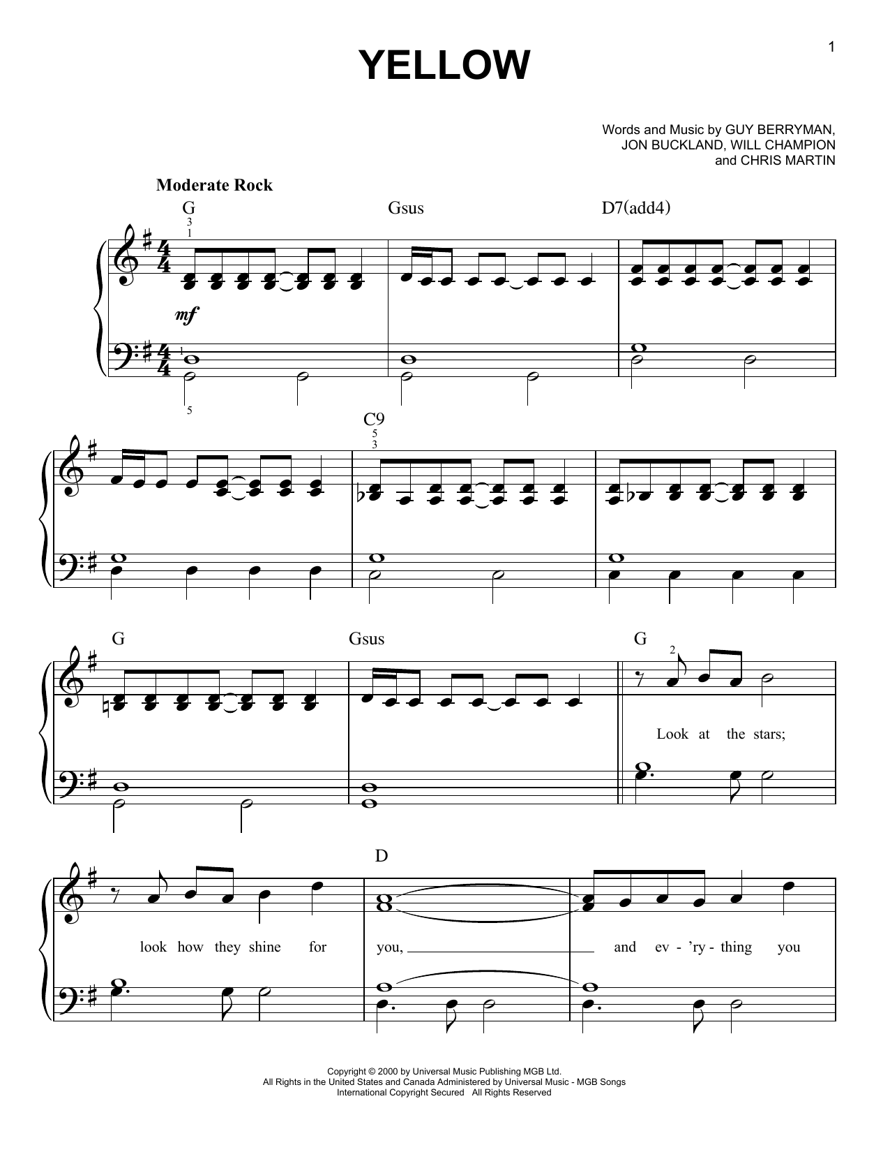 Yellow By Coldplay Free Sheet Music