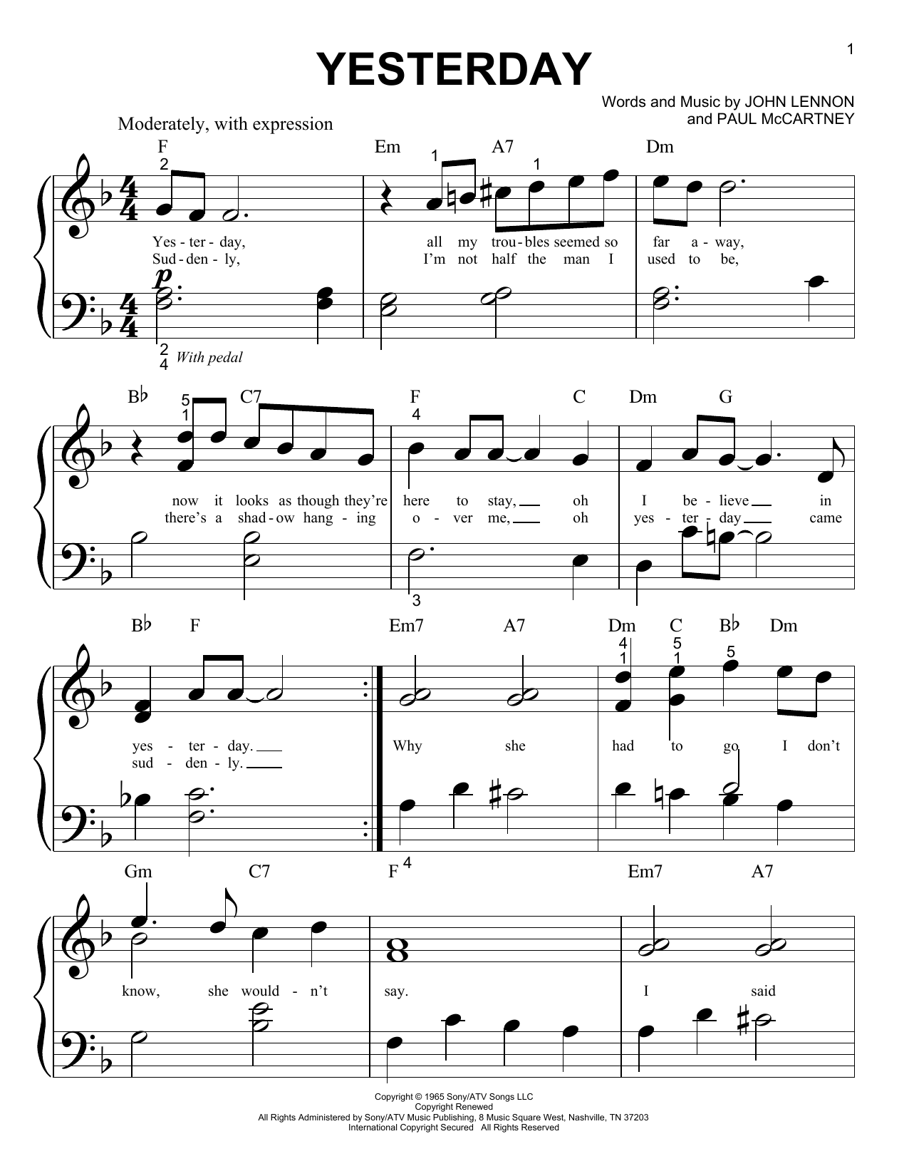 Yesterday By The Beatles Free Sheet Music