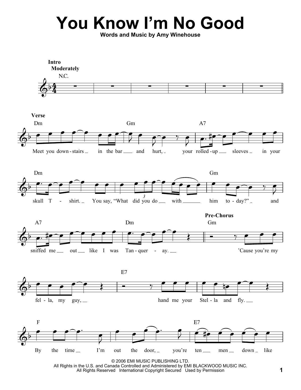 You Know I'm No Good By Amy Winehouse Featuring Ghostface Killah Free Sheet Music