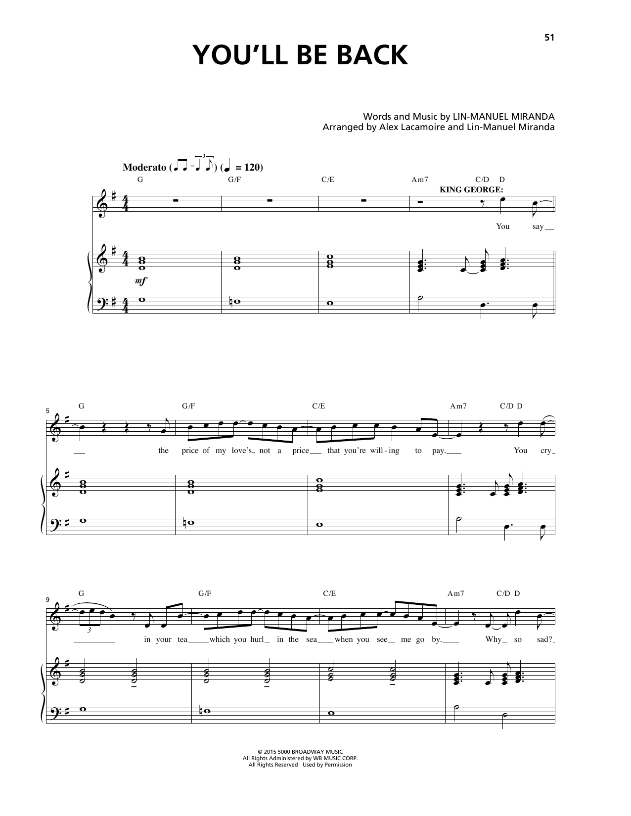 You'll Be Back By Lin-Manuel Miranda Free Sheet Music