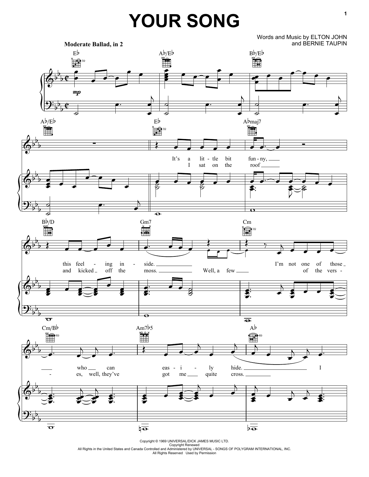 Your Song By Elton John Free Sheet Music